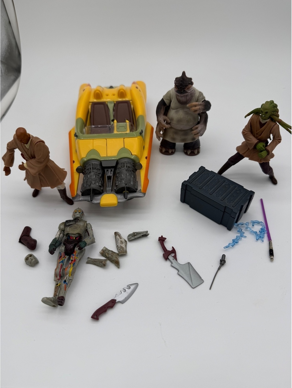 Star Wars Hasbro Figure Lot Yellow Speeder Mace Windu Kit Fisto Dexter C-3PO